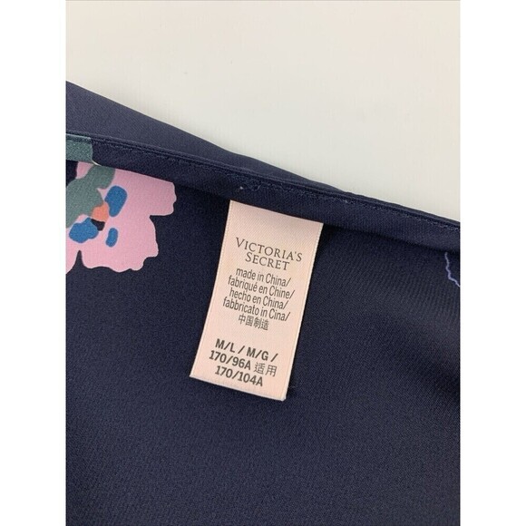 Victorias Secret Satin Kimono Robe Floral Lace Trim Navy Purple Open Size Medium - Picture 7 of 11